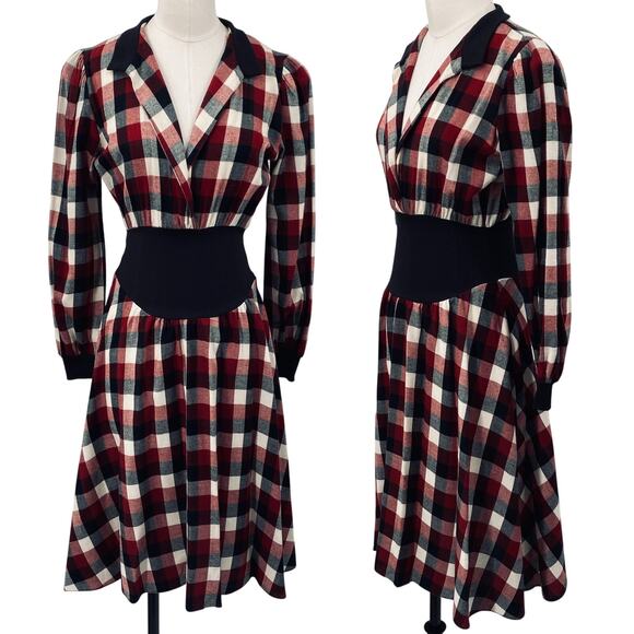 Vintage Dresses & Skirts - Vintage 80s Gingham Plaid Midi Dress Fit & Flare Shirtdress Collared Red Black 0